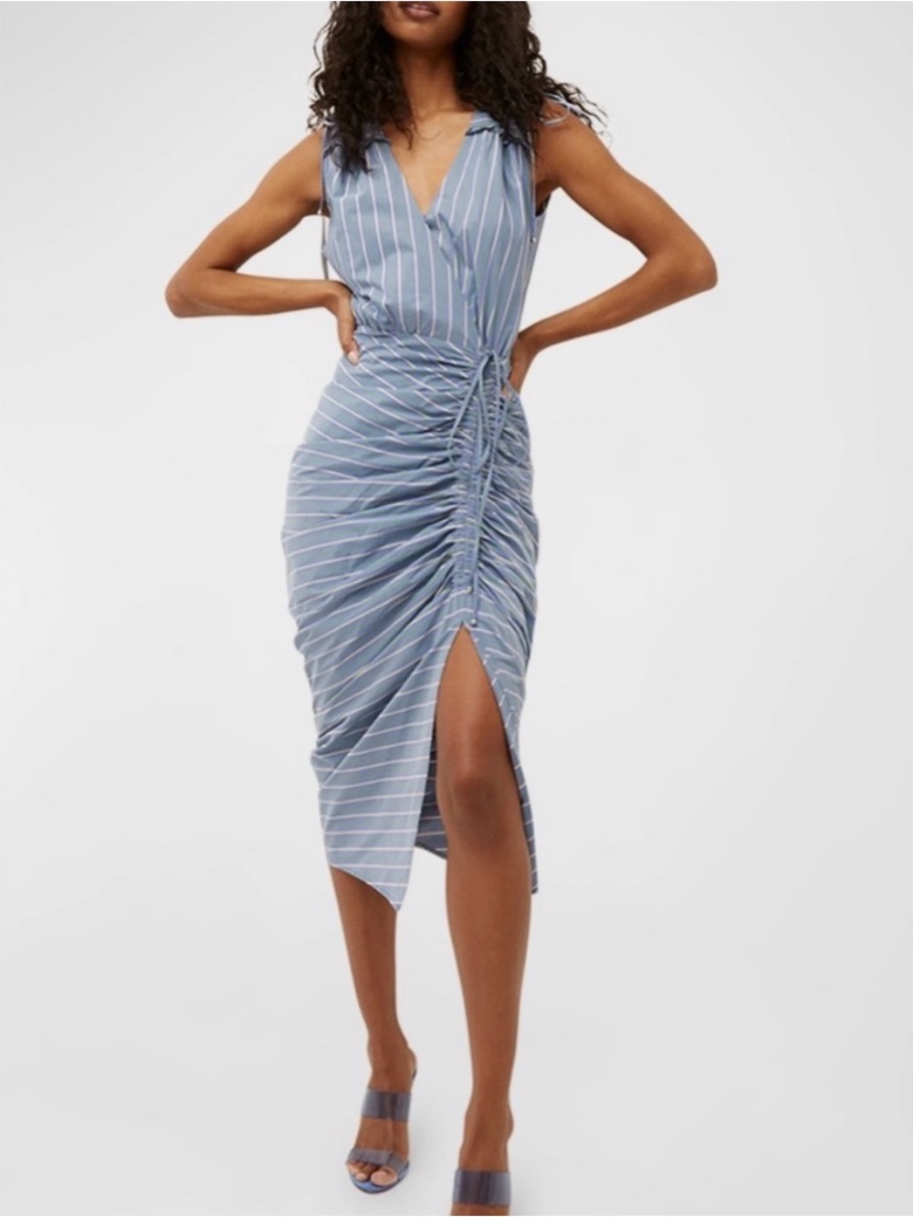New Veronica Beard Teagan Sleeveless Blue Green Stripe Ruched Midi Dress